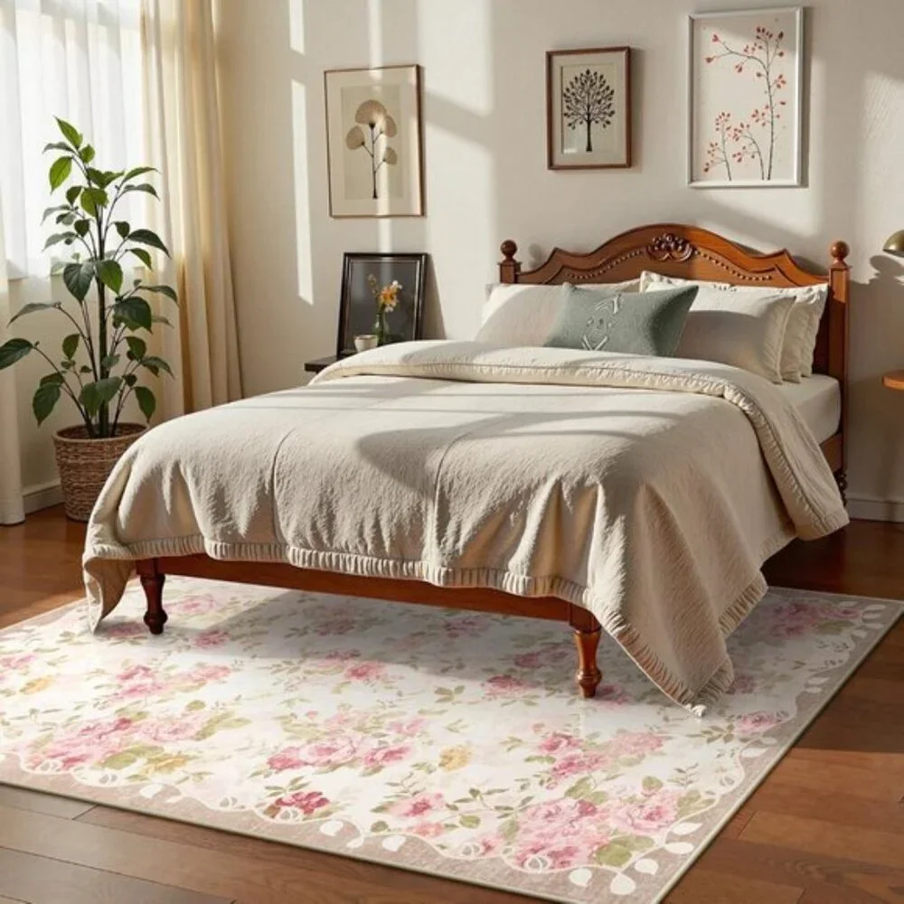 New 6x9 Washable Boho Floral Vintage Non-Slip Rug, Carpet for Home & Room Decor